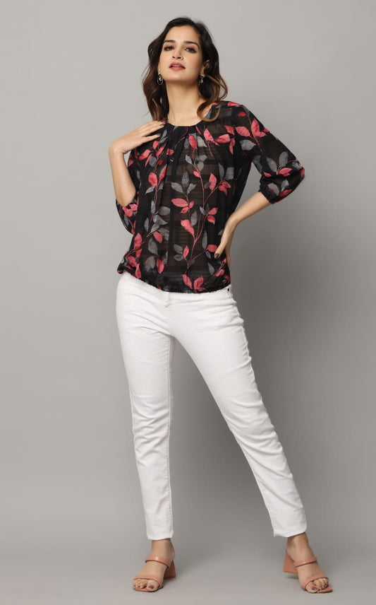 Round Neck Top With Sleeve & Bottom With Elastic