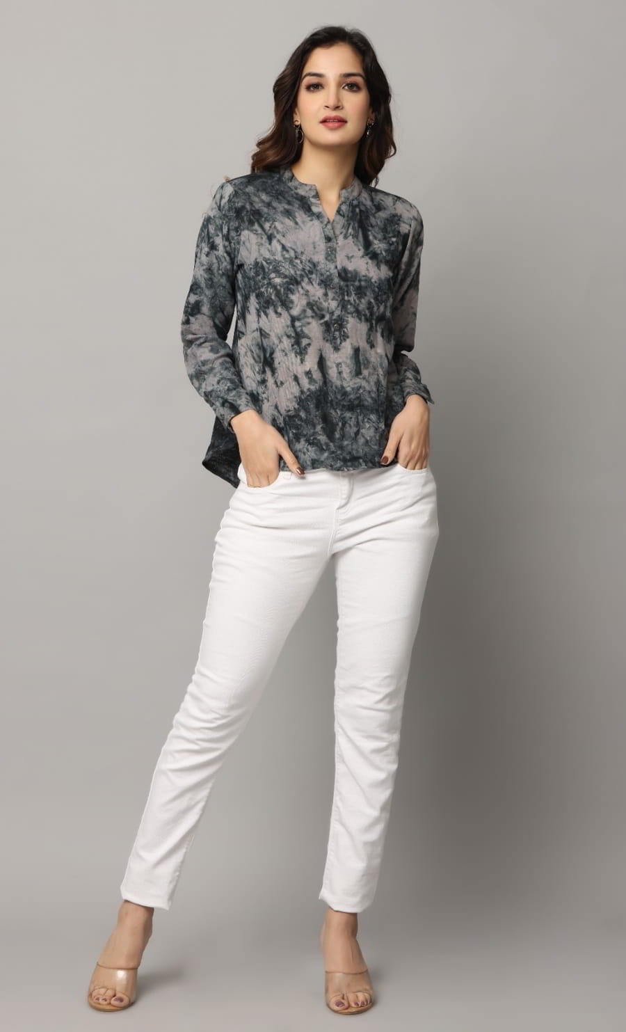 High V neck Top with Full Sleeves with  Button