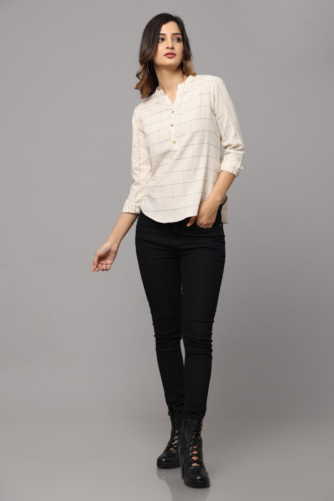 High V Neck Top 3/4th Sleeve With Cuff & Button