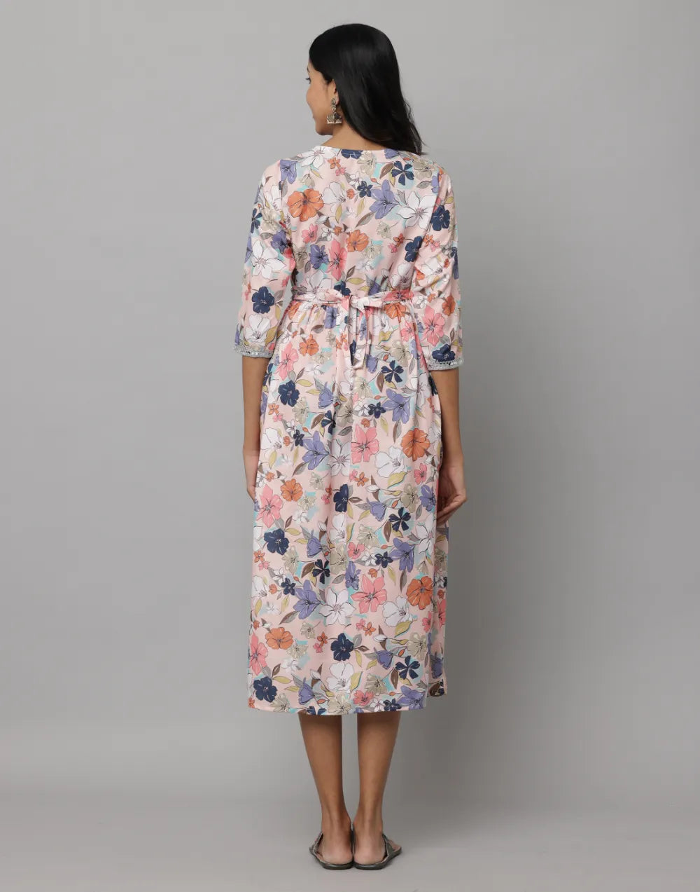 Floral Printed 3/4 Sleeve V Neck Dress