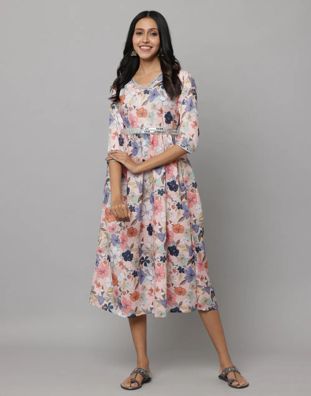 Floral Printed 3/4 Sleeve V Neck Dress