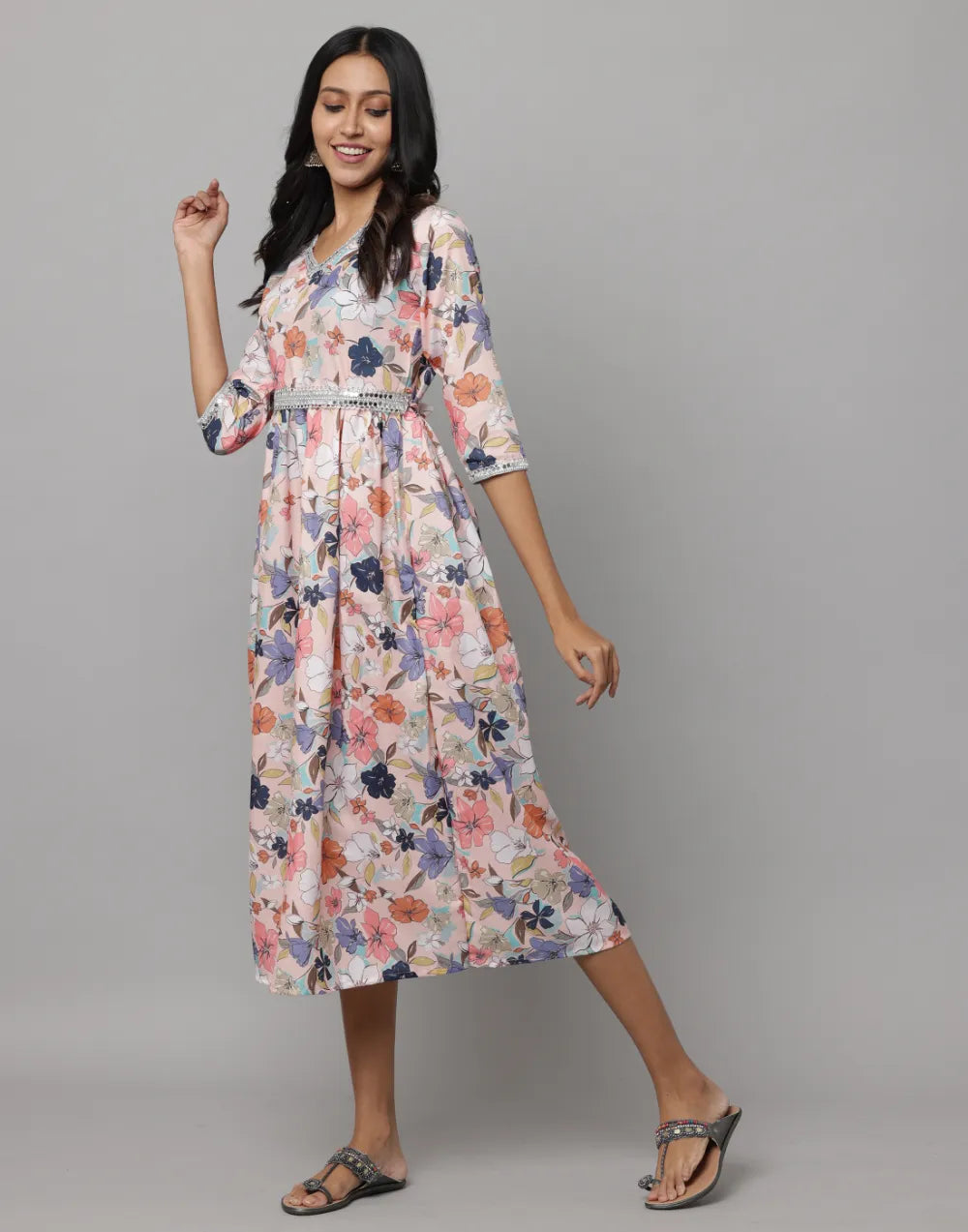 Floral Printed 3/4 Sleeve V Neck Dress