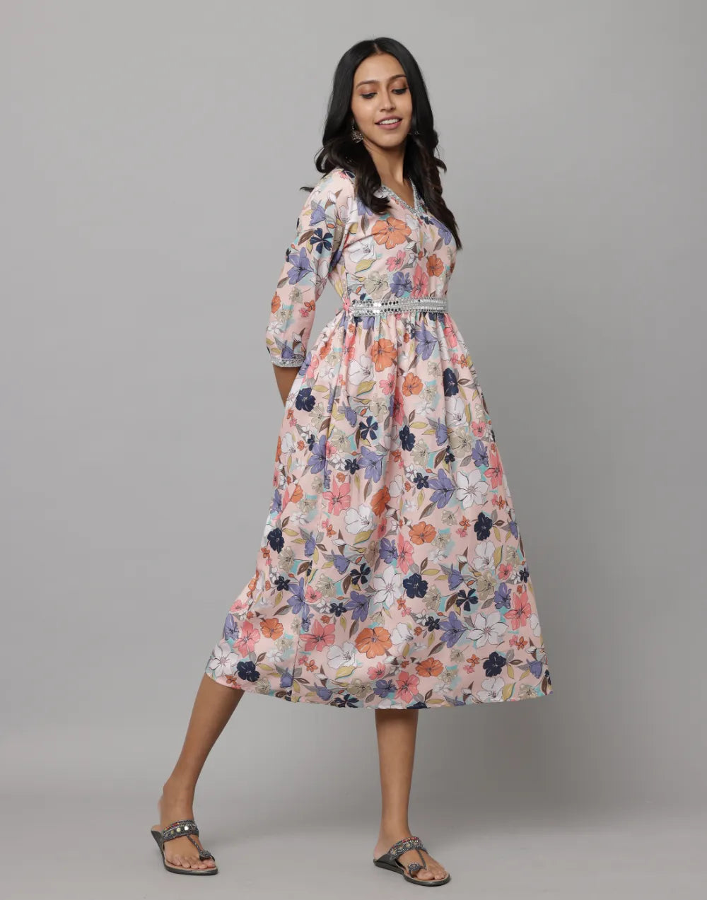 Floral Printed 3/4 Sleeve V Neck Dress