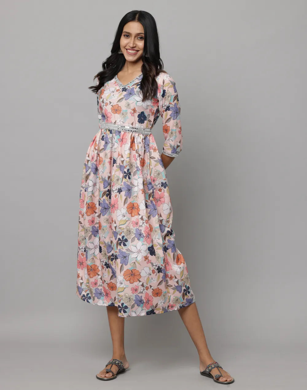 Floral Printed 3/4 Sleeve V Neck Dress