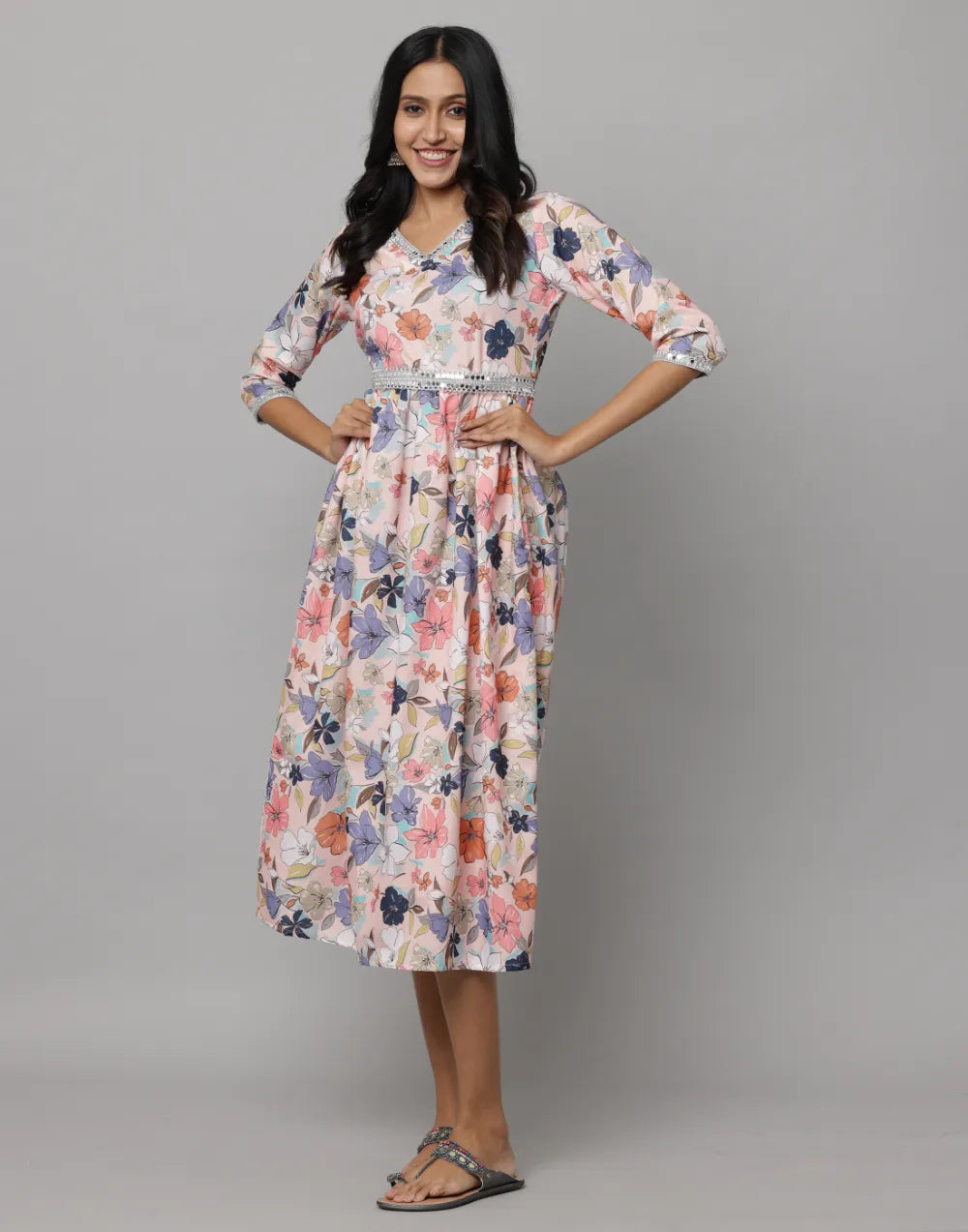 Floral Printed 3/4 Sleeve V Neck Dress