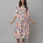 Floral Printed 3/4 Sleeve V Neck Dress