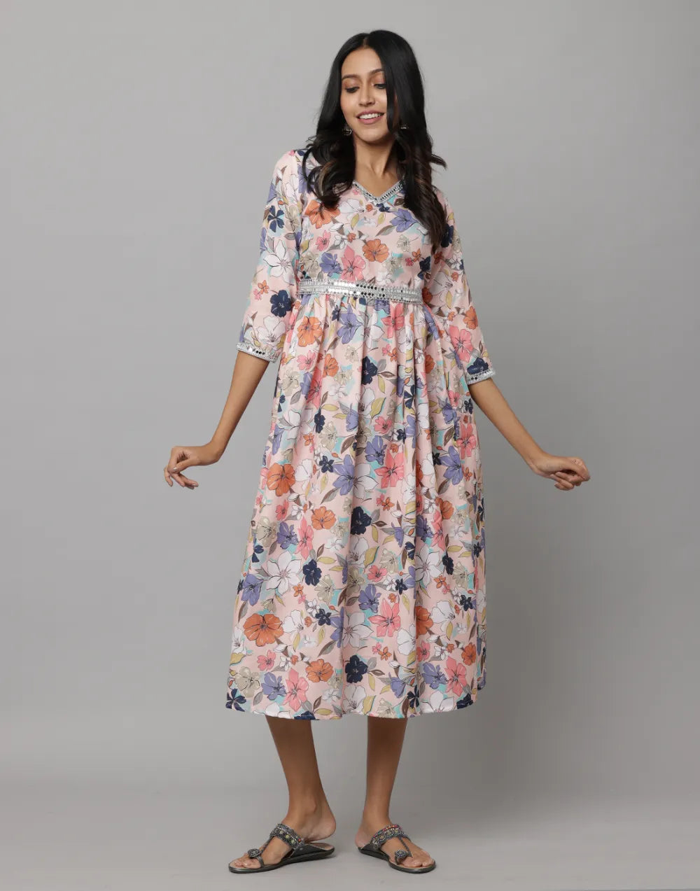 Floral Printed 3/4 Sleeve V Neck Dress