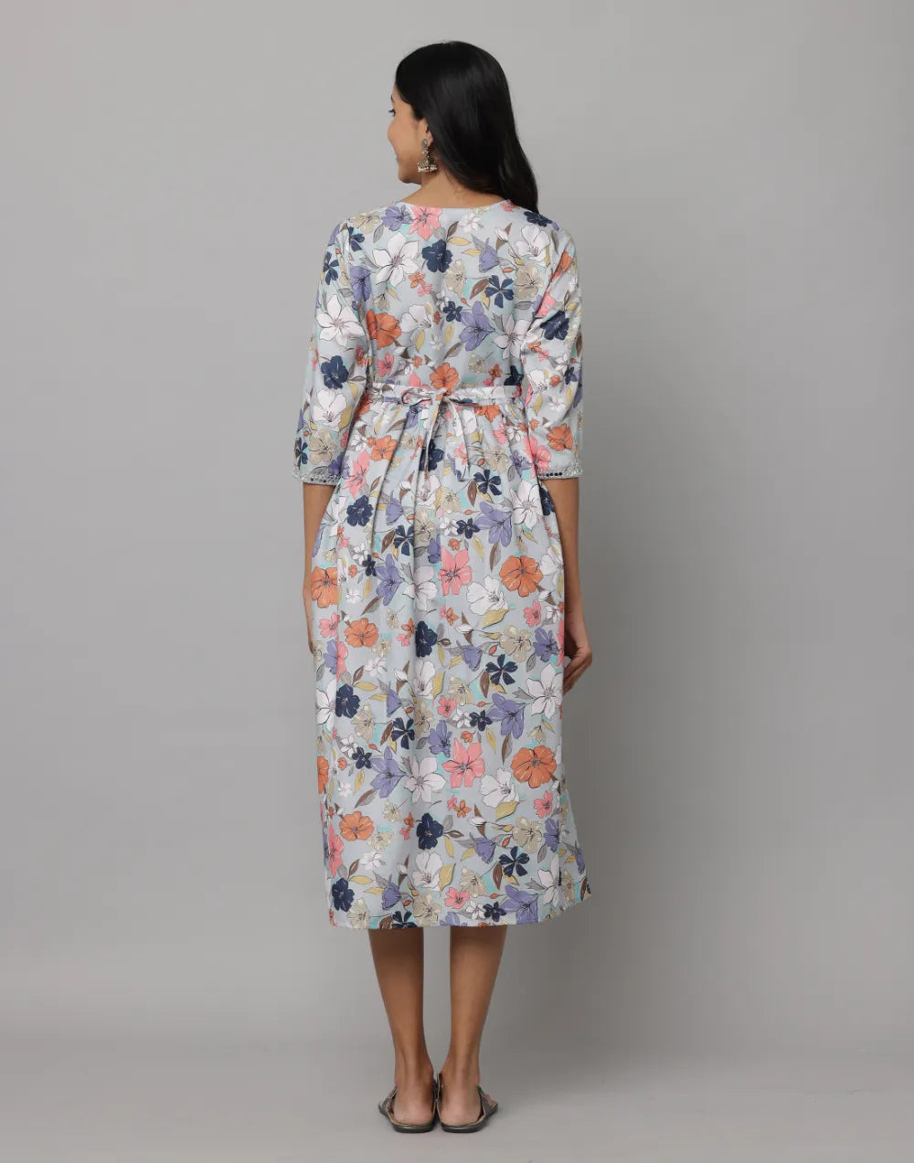 Floral Printed 3/4 Sleeve V Neck Dress