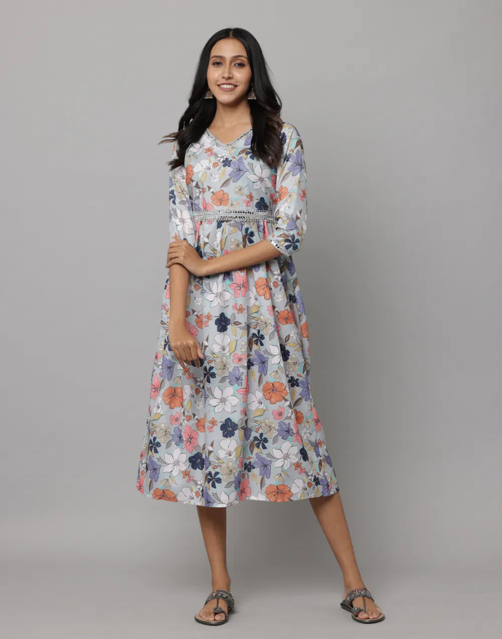 Floral Printed 3/4 Sleeve V Neck Dress