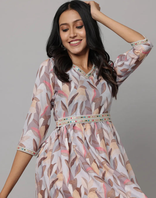 Floral Printed 3/4 Sleeve V Neck Dress