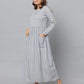 Striped Round Neck Front Open Full Sleeve Flared Dress