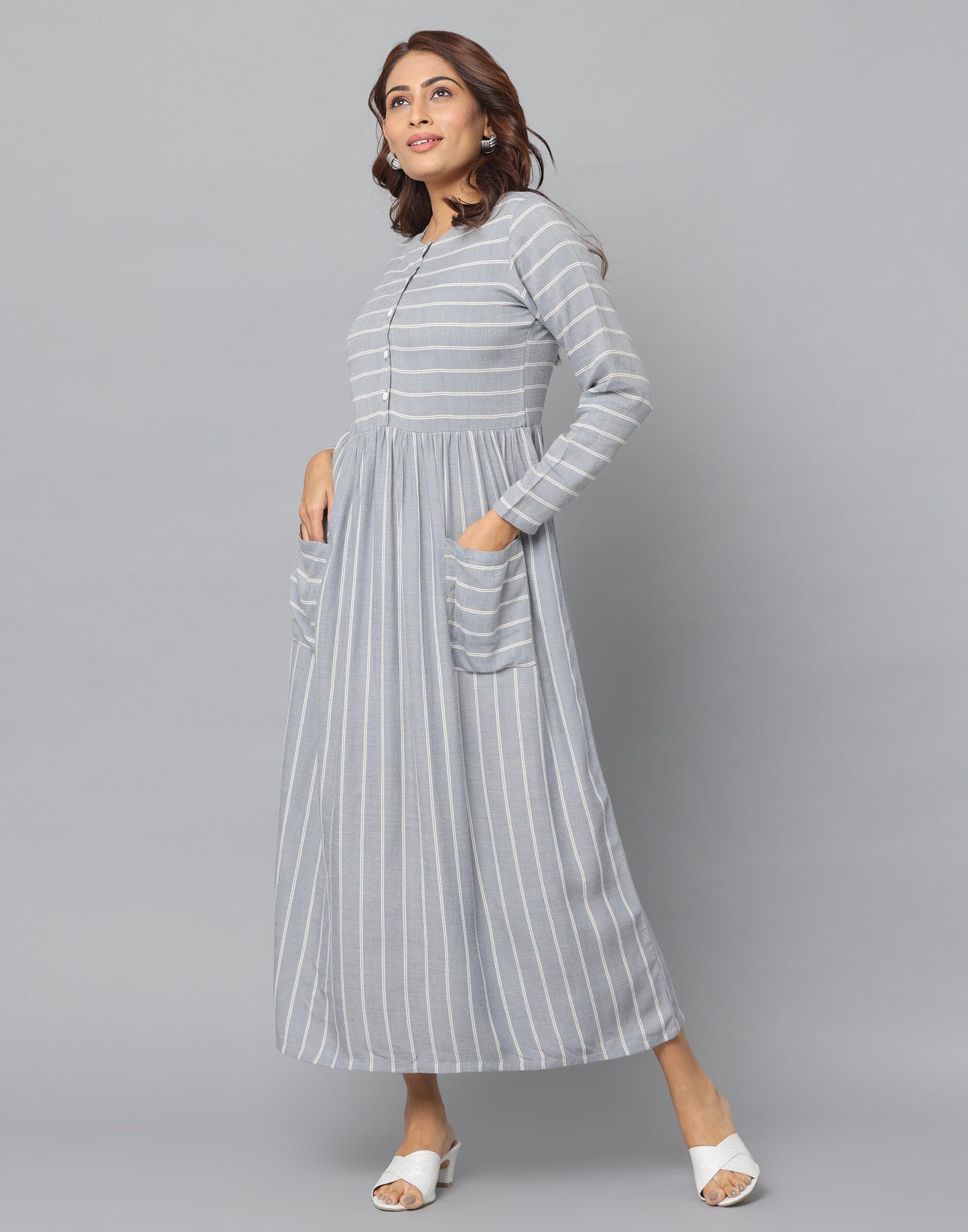 Striped Round Neck Front Open Full Sleeve Flared Dress