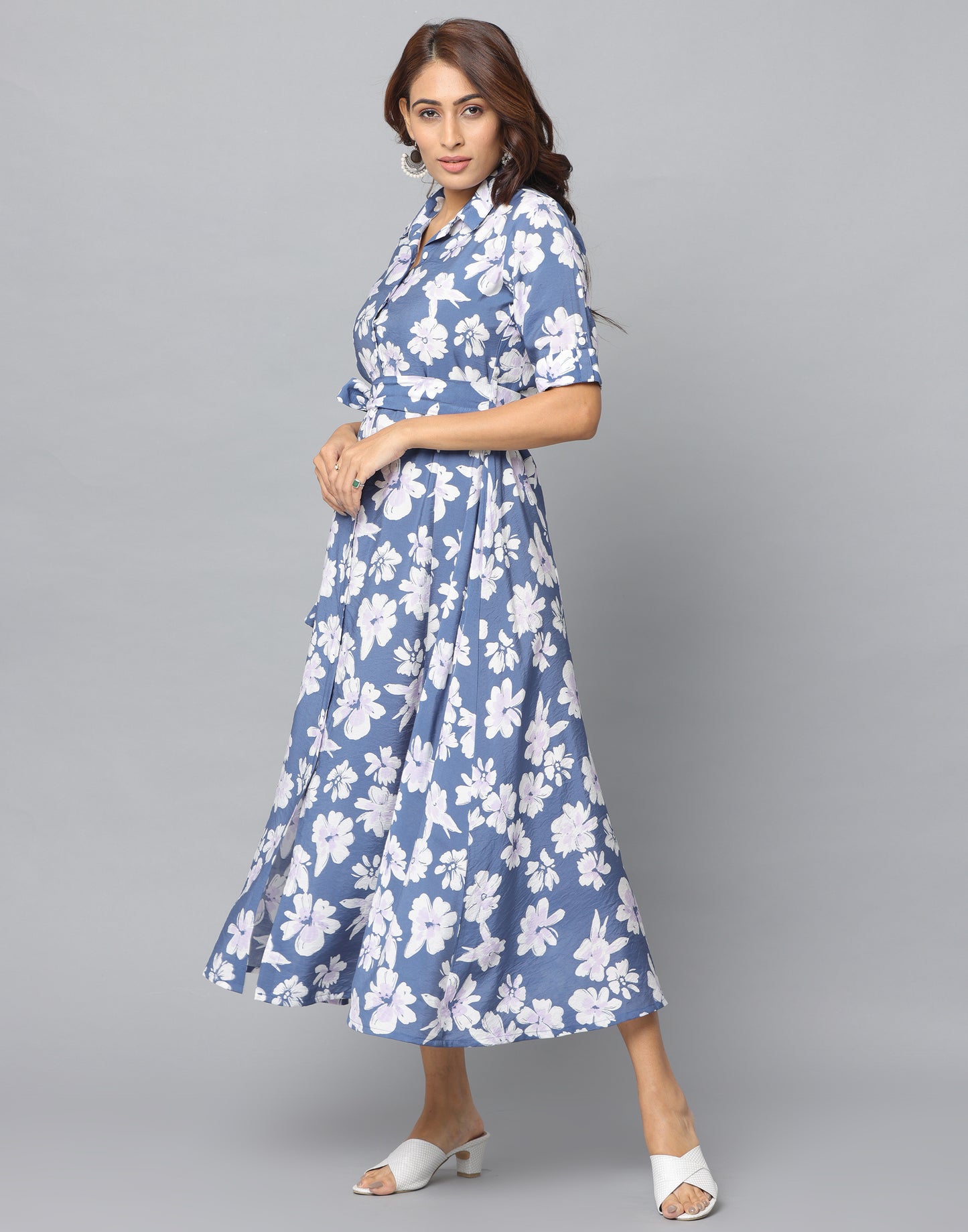 Floral Print Slim Fit Elbow Length Sleeve Dress