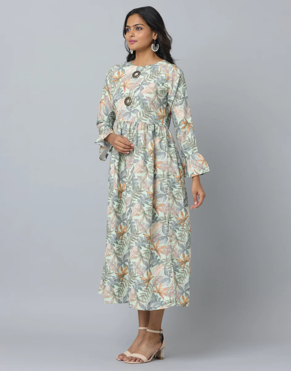 Floral Print Slim Fit Long Flared Sleeve Casual Dress