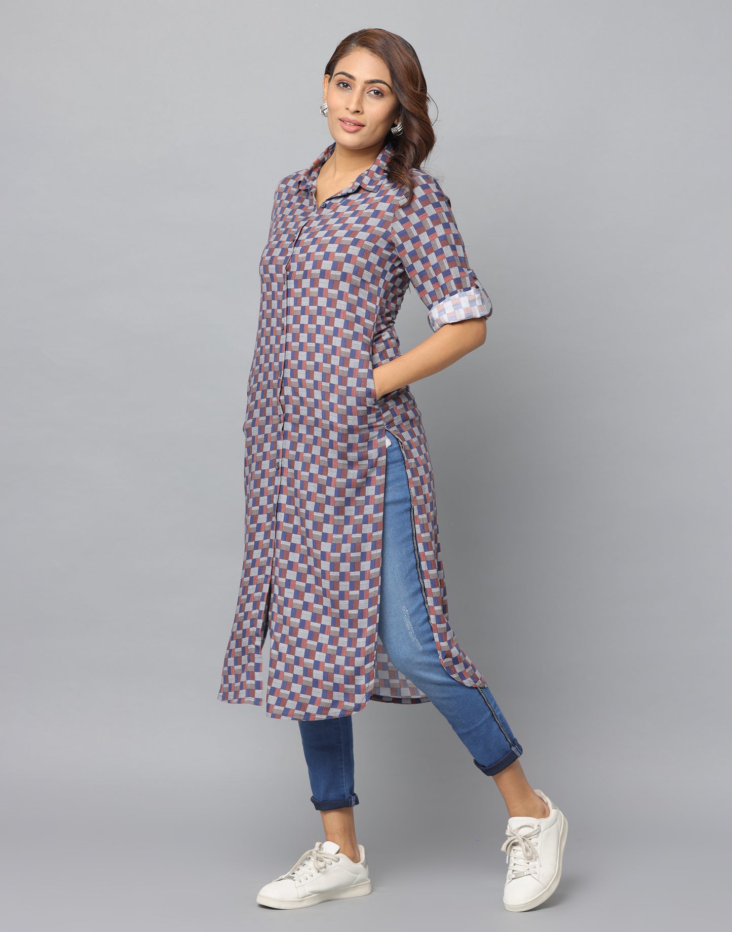 Checks Print Slim Fit 3/4th Sleeve Kurta