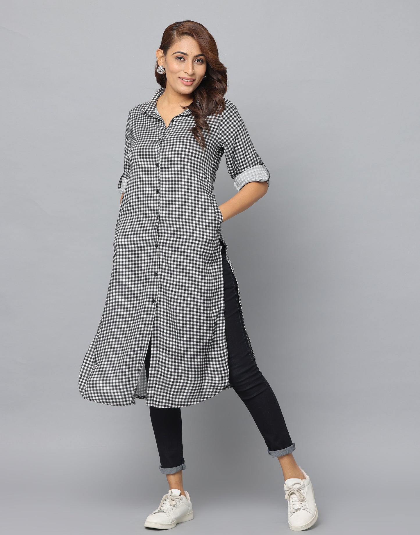 Checks Print Slim Fit 3/4th Sleeve Kurta