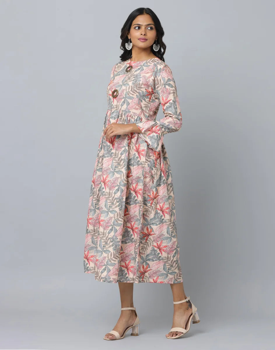 Floral Print Slim Fit Long Flared Sleeve Casual Dress