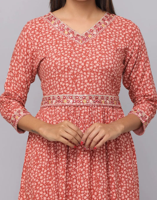 Floral Printed 3/4 Sleeve V Neck Dress