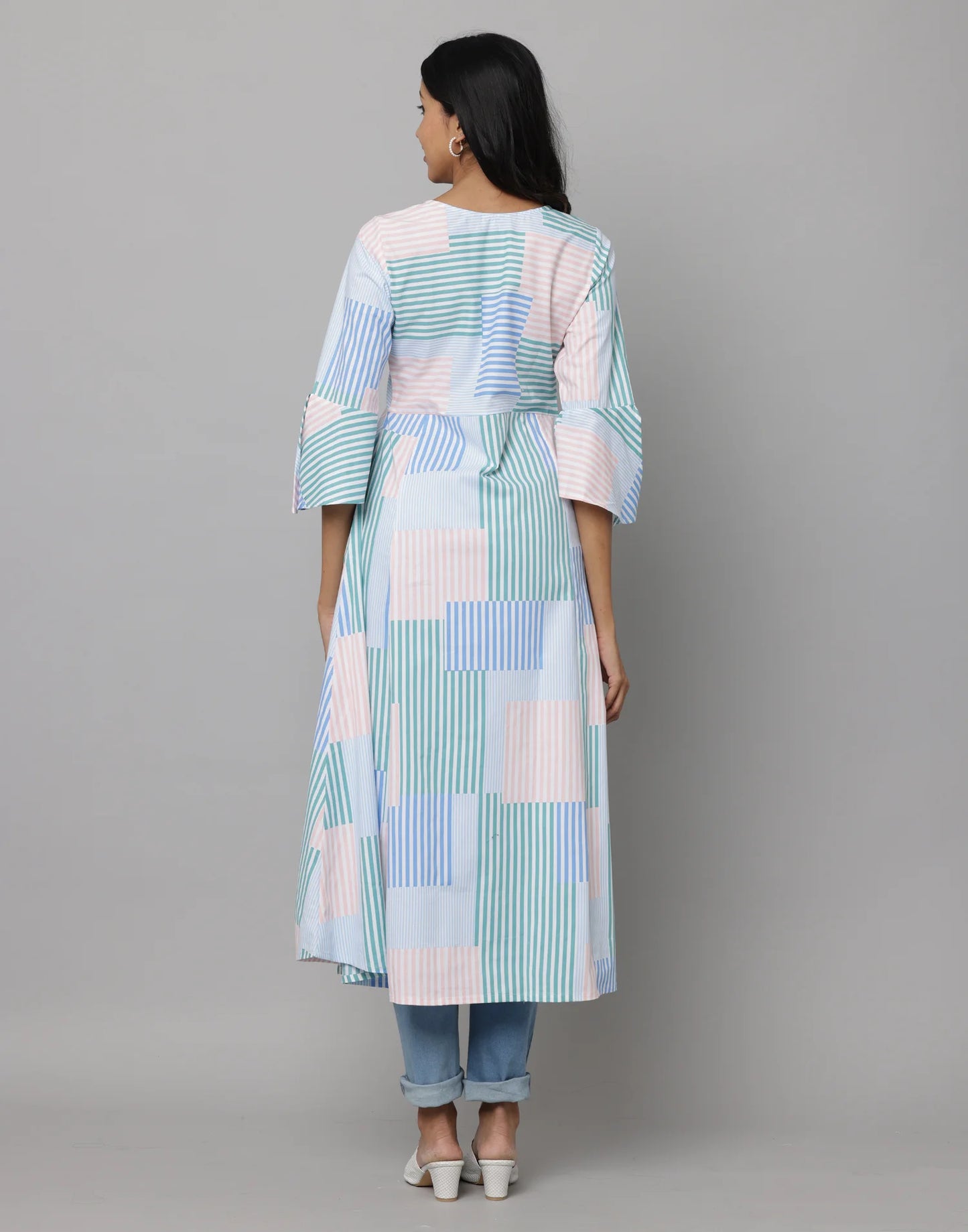 Stripe Printed Kurta With 3/4th Flared Sleeves