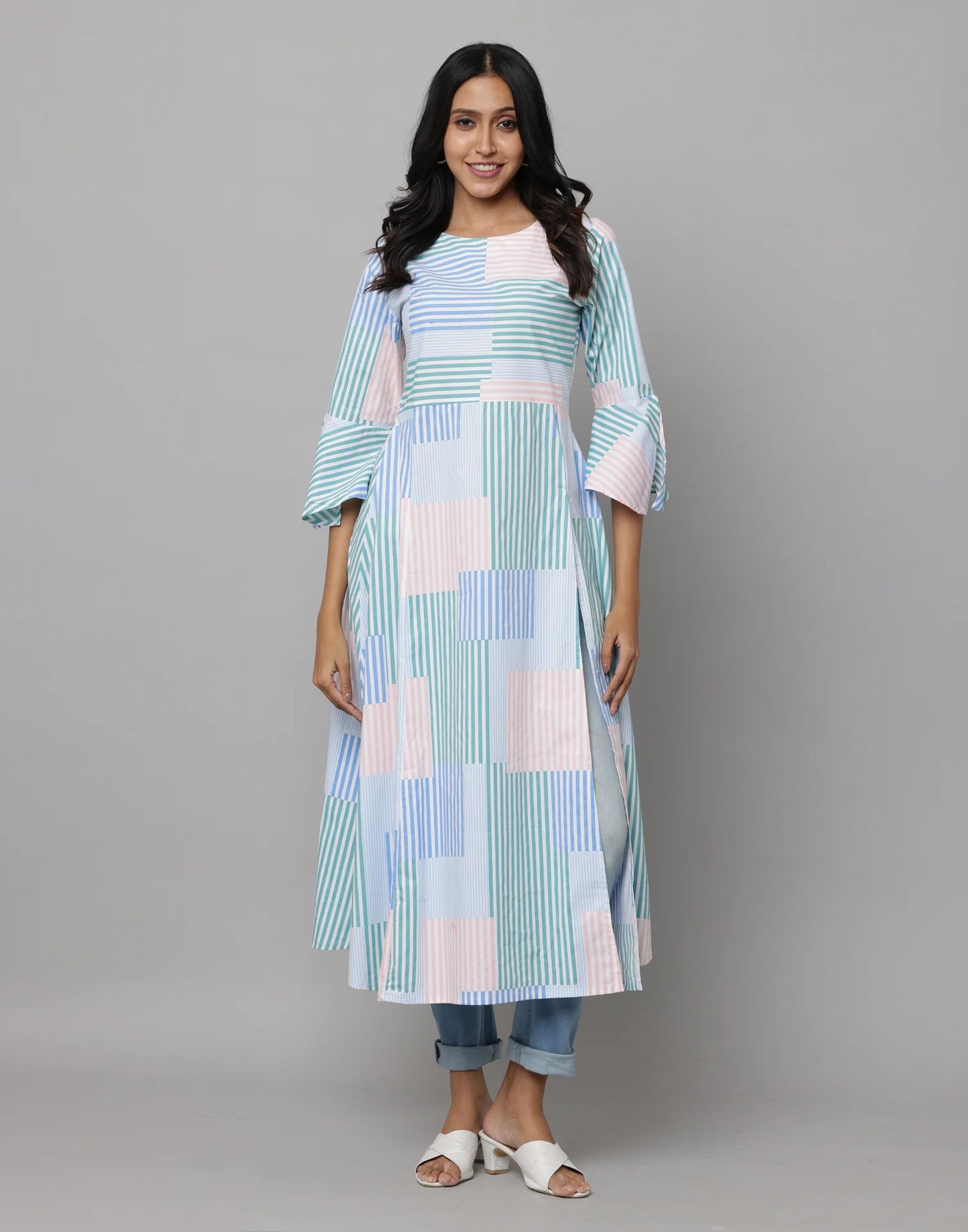 Stripe Printed Kurta With 3/4th Flared Sleeves