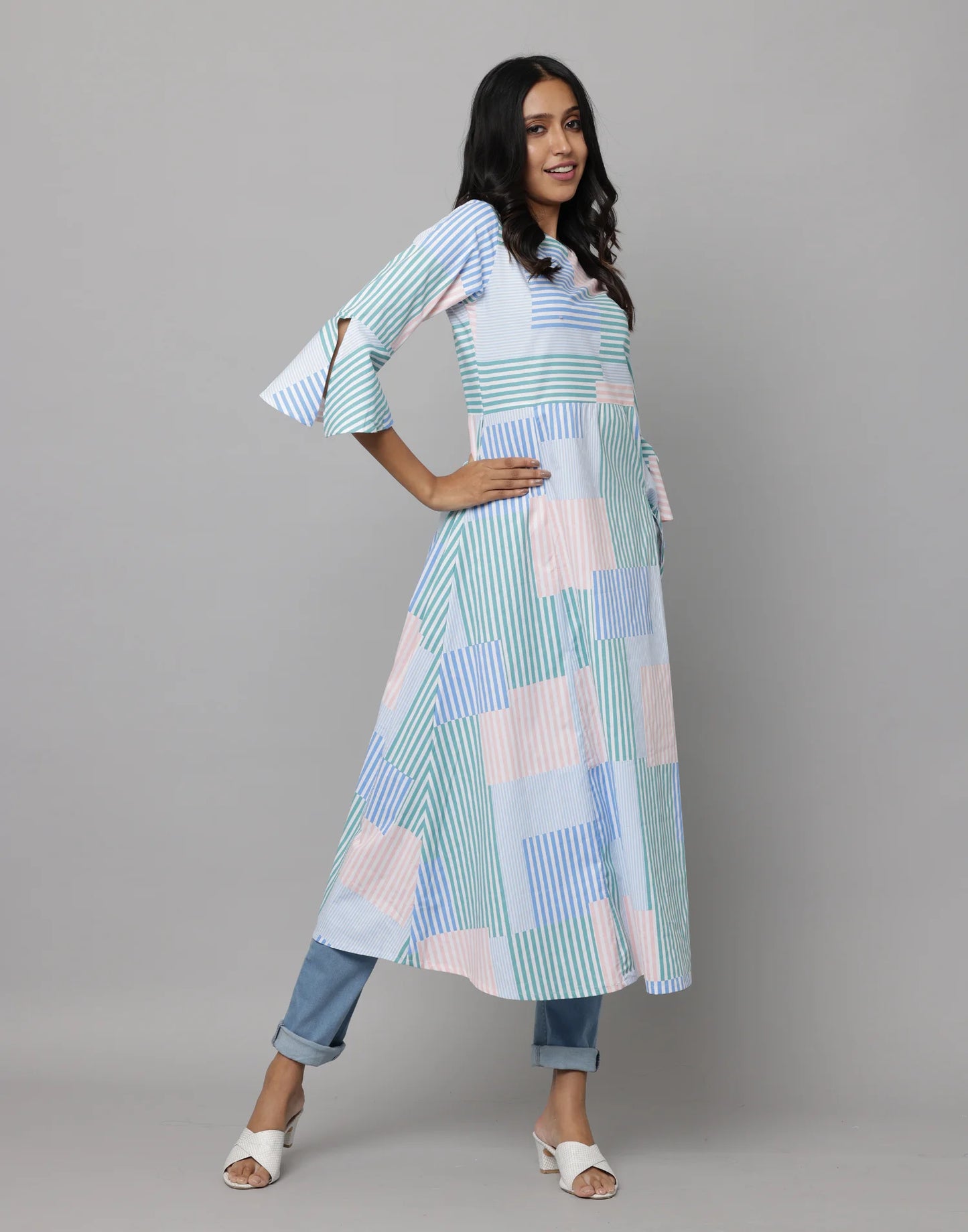 Stripe Printed Kurta With 3/4th Flared Sleeves