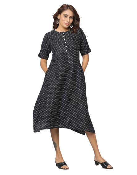 Polka Dot Casual Fit Side Slit Half Sleeve A Line Dress