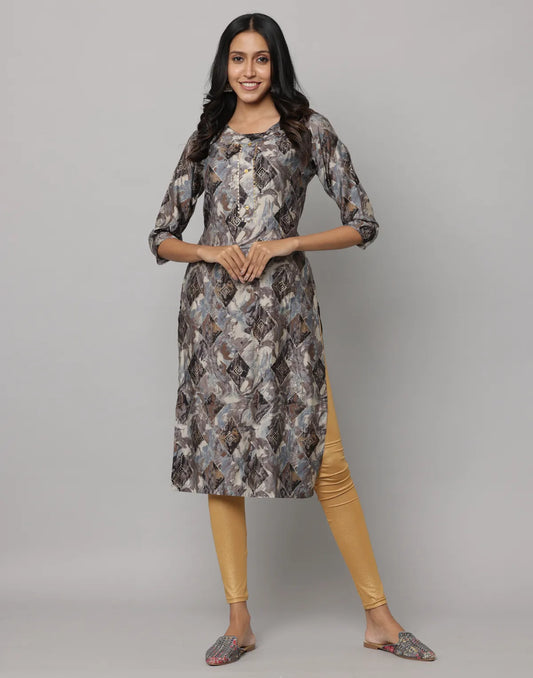 Modal Foil Round Neck Slim Fit 3/4th Sleeve Long Kurta