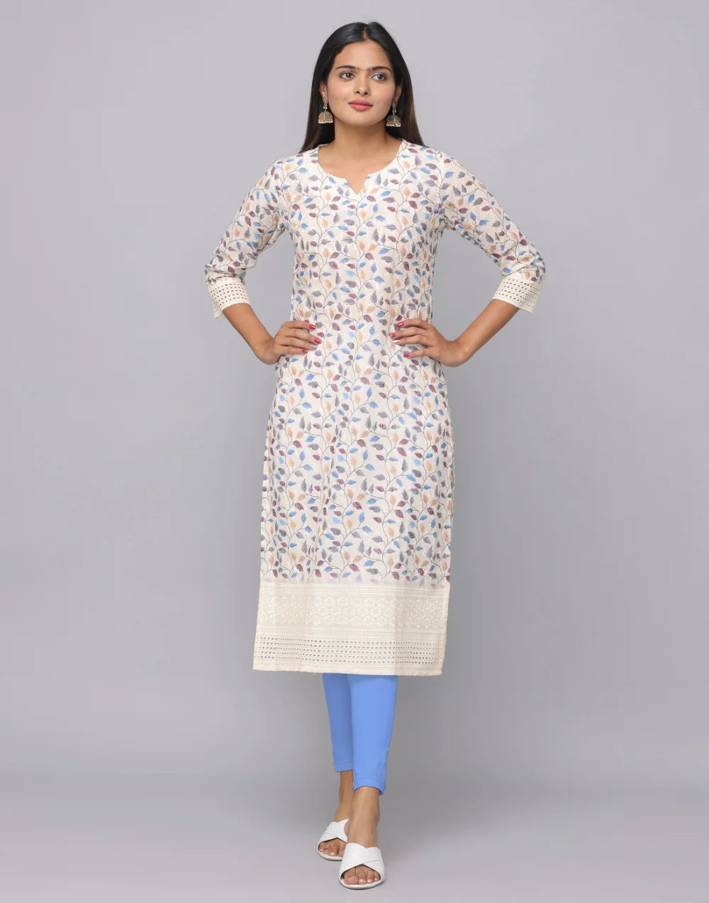 Floral Printed Decollete Neck Kurta With 3/4th Sleeves