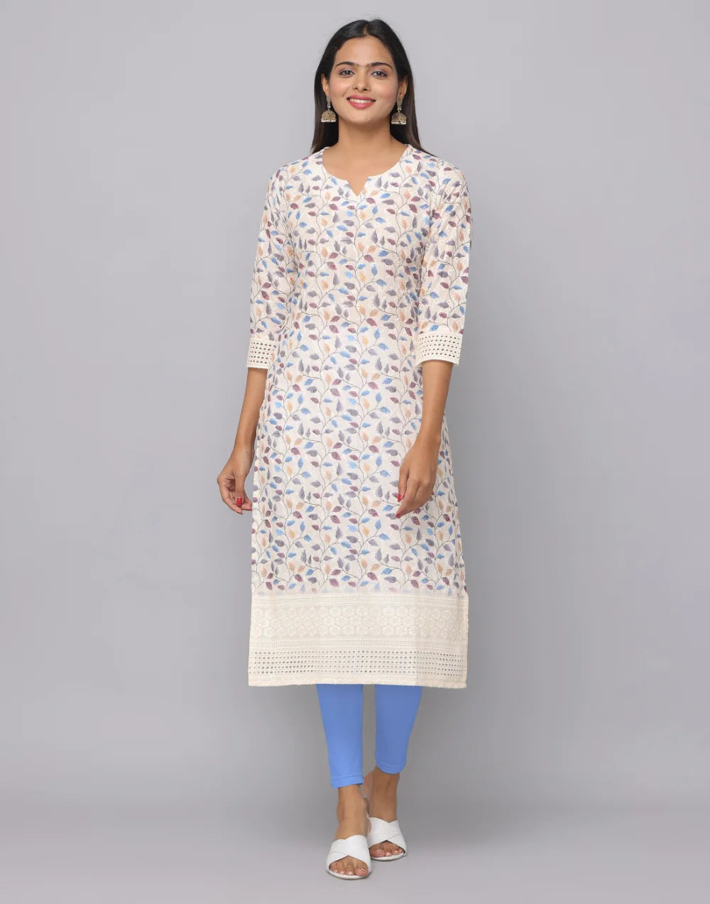 Floral Printed Decollete Neck Kurta With 3/4th Sleeves