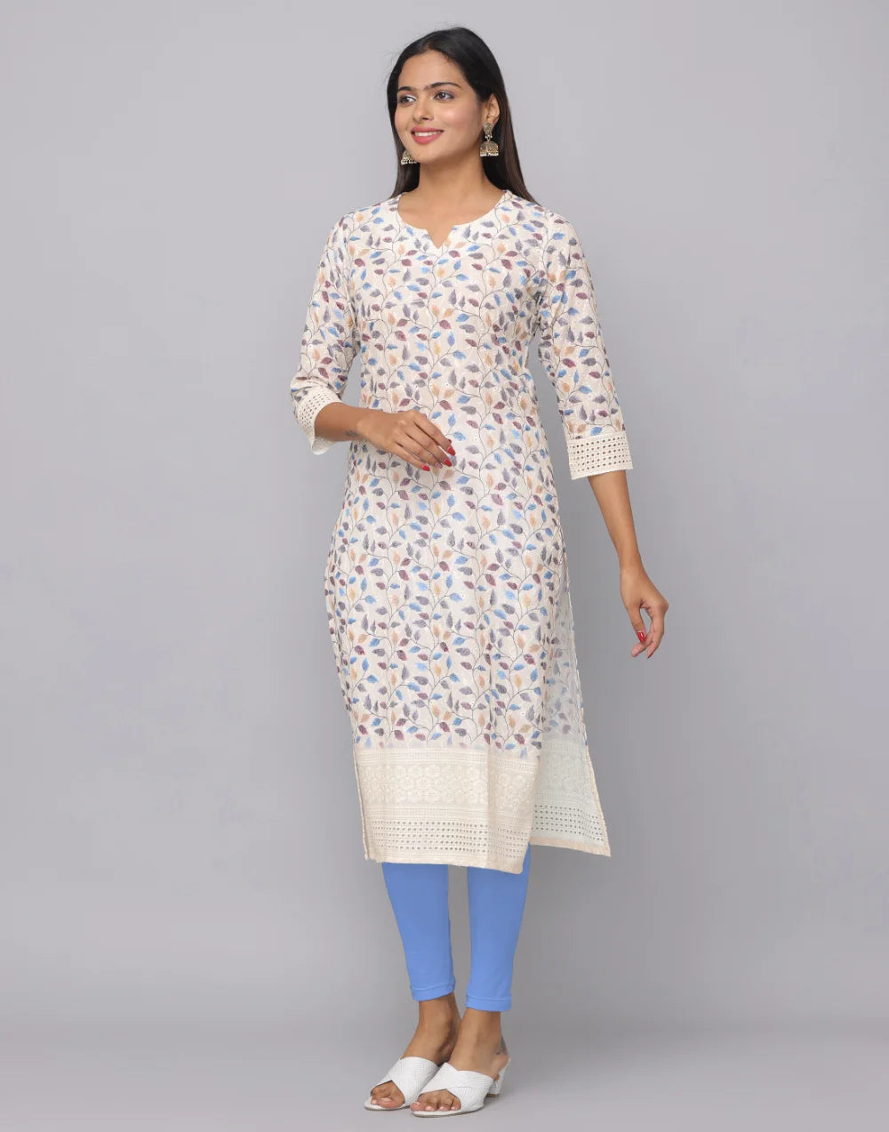 Floral Printed Decollete Neck Kurta With 3/4th Sleeves