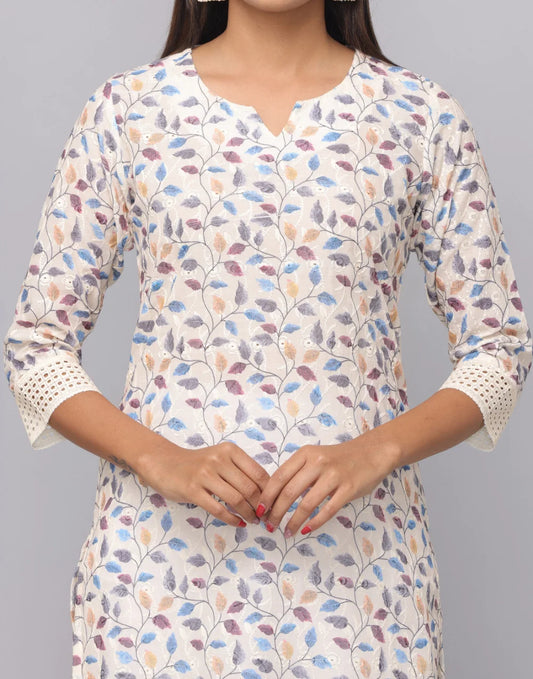 Floral Printed Decollete Neck Kurta With 3/4th Sleeves