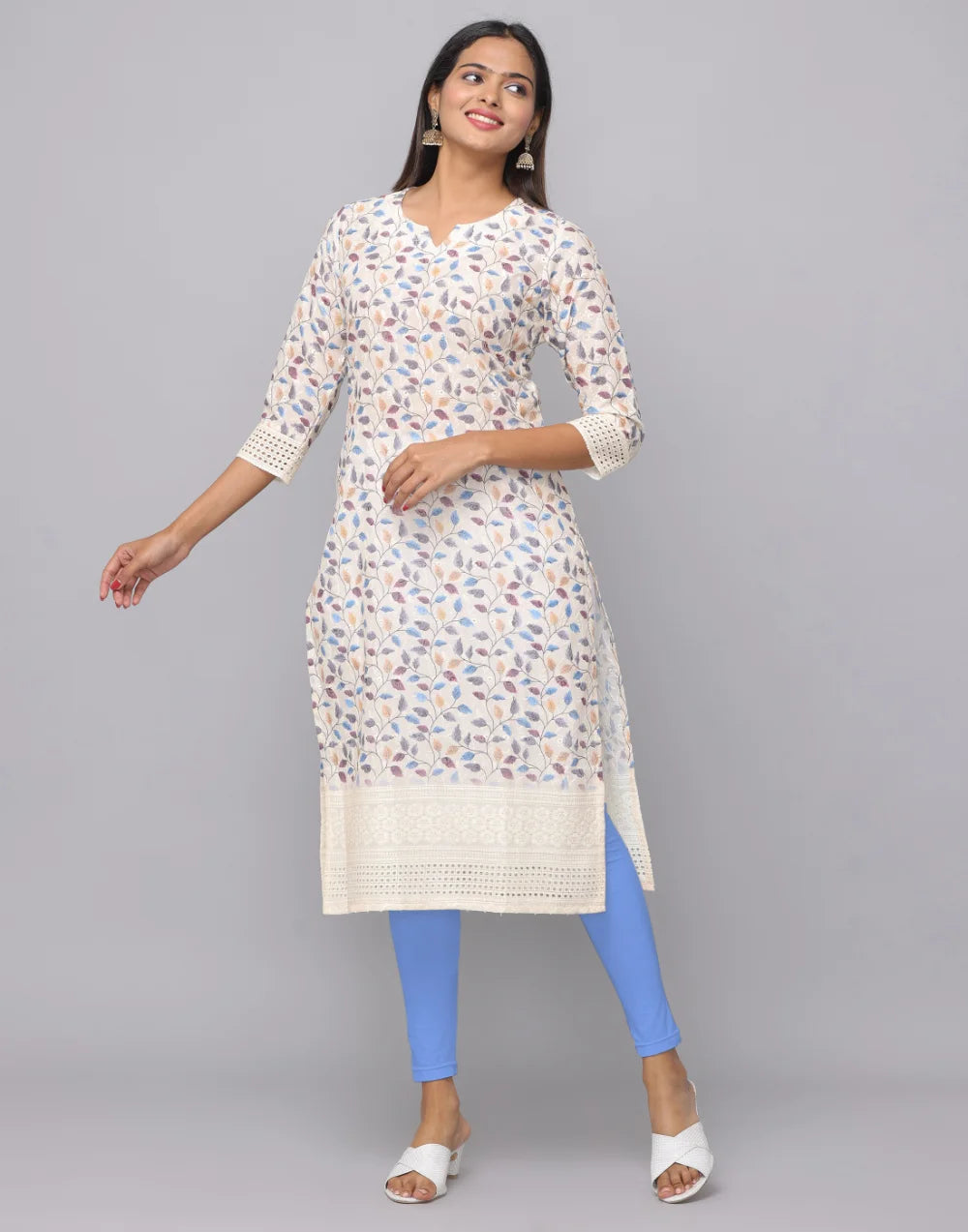 Floral Printed Decollete Neck Kurta With 3/4th Sleeves