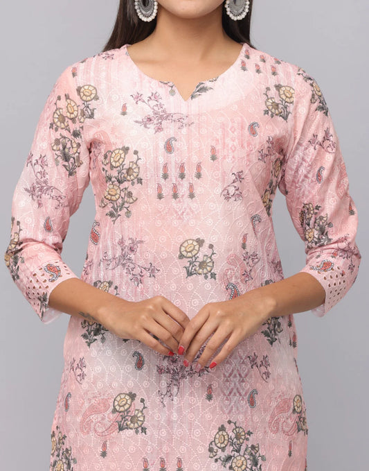 Floral Printed Decollete Neck Kurta With 3/4th Sleeves