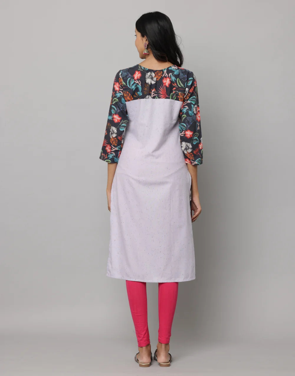 Floral & Solid Mix & Match Round Neck 3/4th Sleeve Kurta