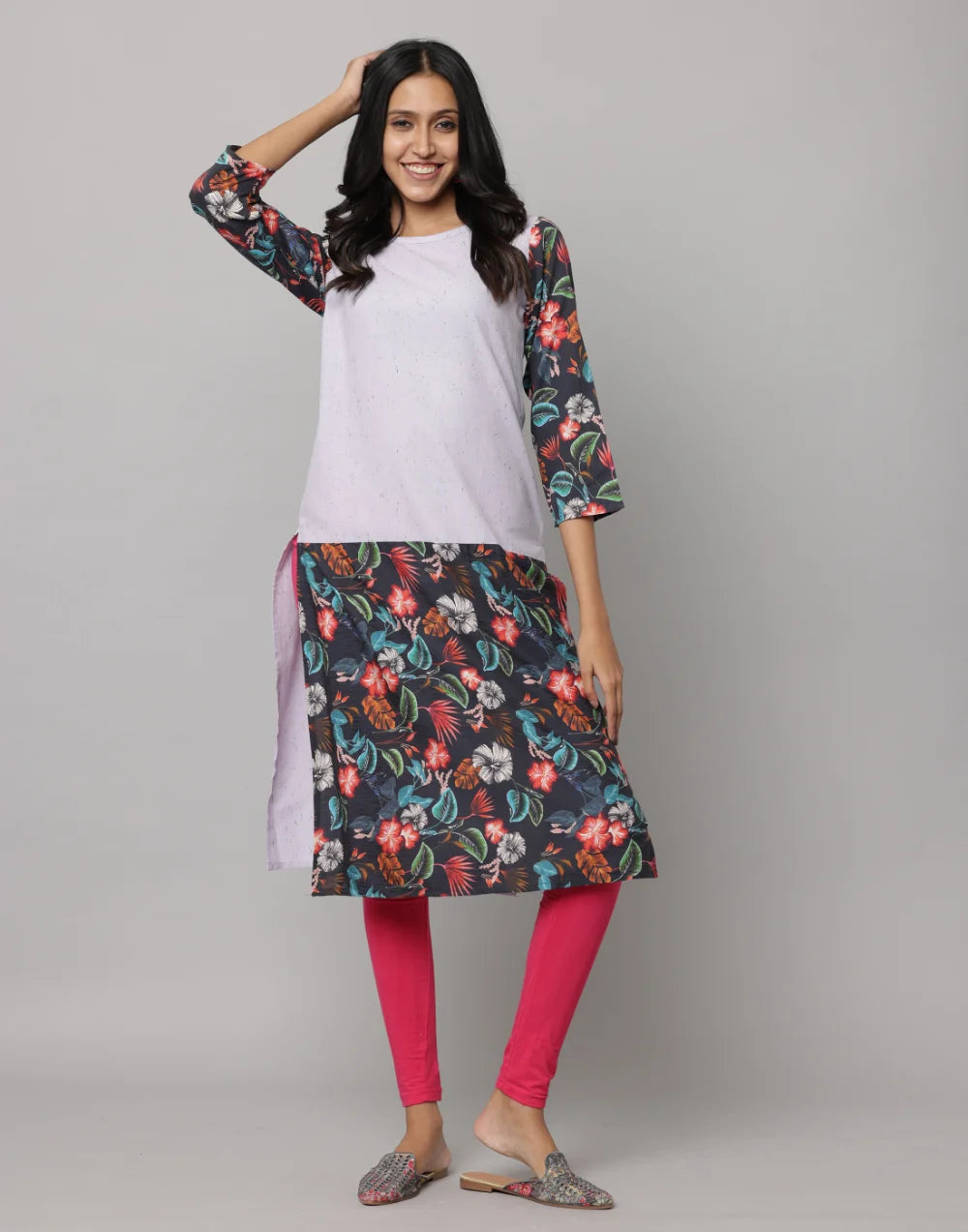 Floral & Solid Mix & Match Round Neck 3/4th Sleeve Kurta