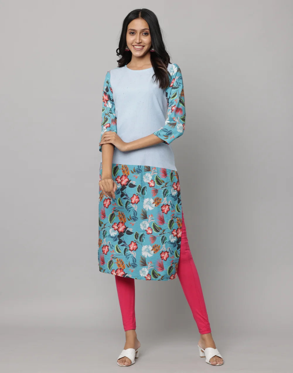 Floral & Solid Mix & Match Round Neck 3/4th Sleeve Kurta