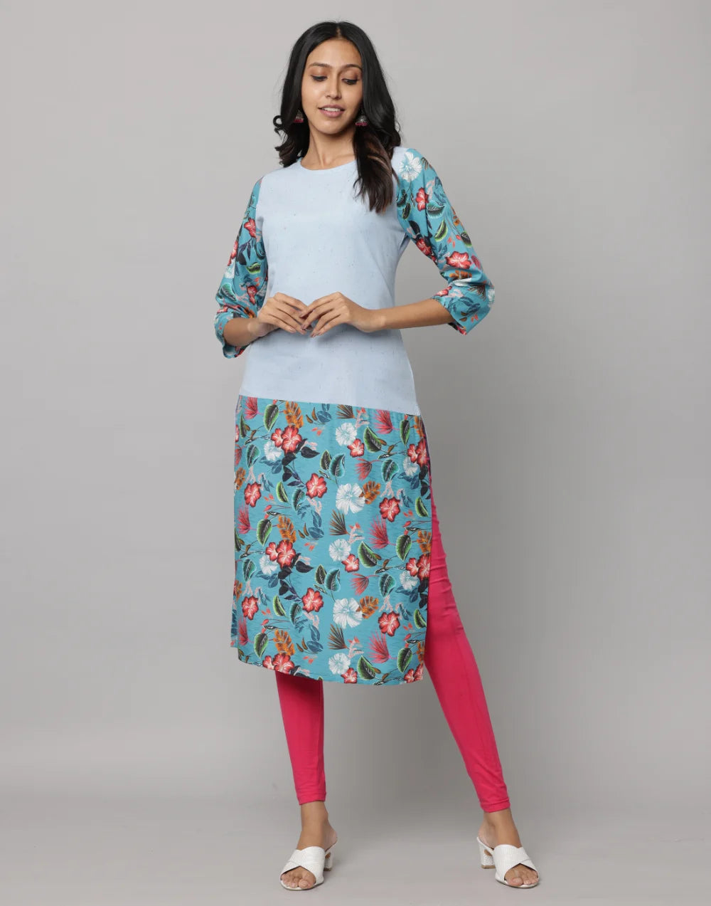 Floral & Solid Mix & Match Round Neck 3/4th Sleeve Kurta