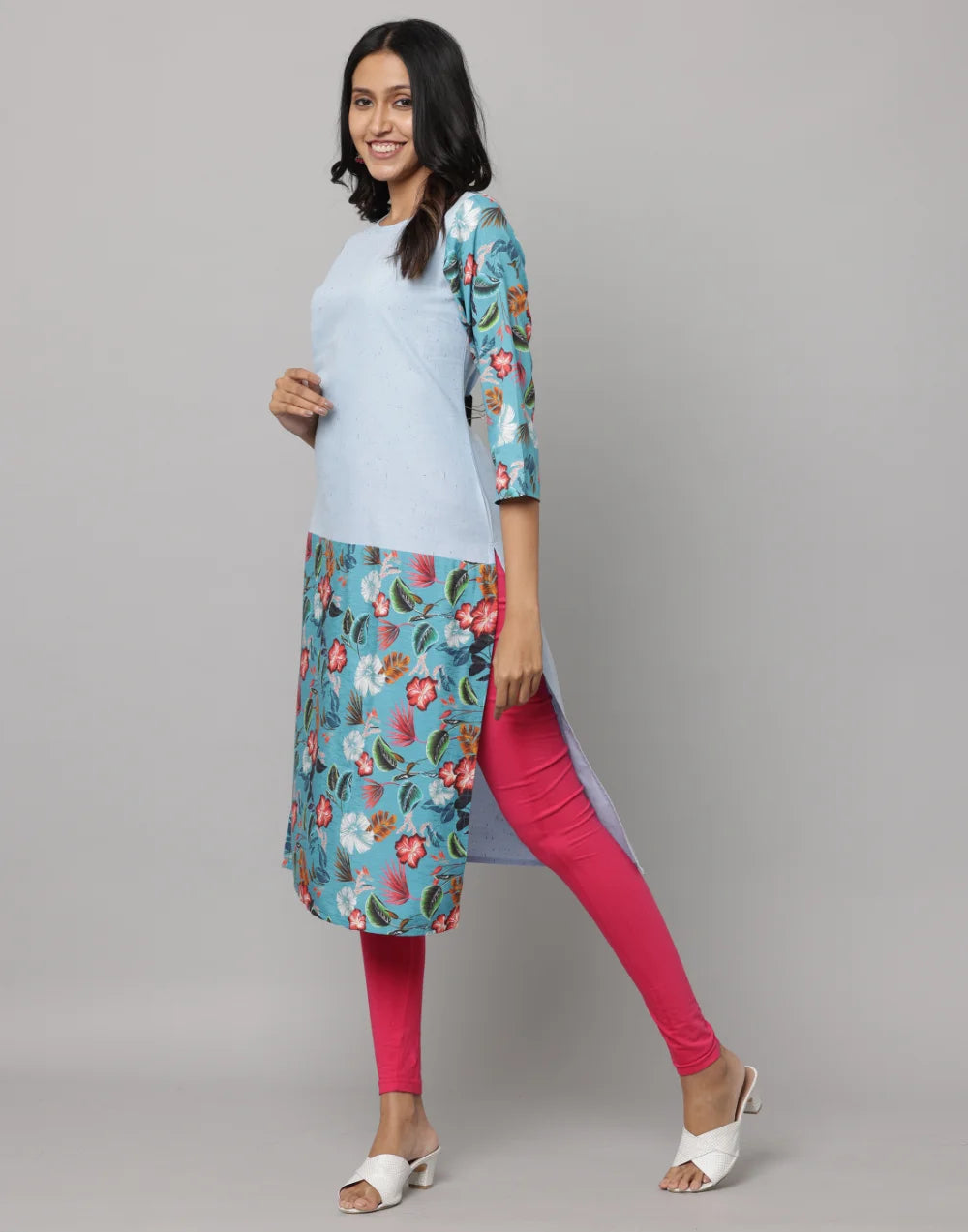 Floral & Solid Mix & Match Round Neck 3/4th Sleeve Kurta