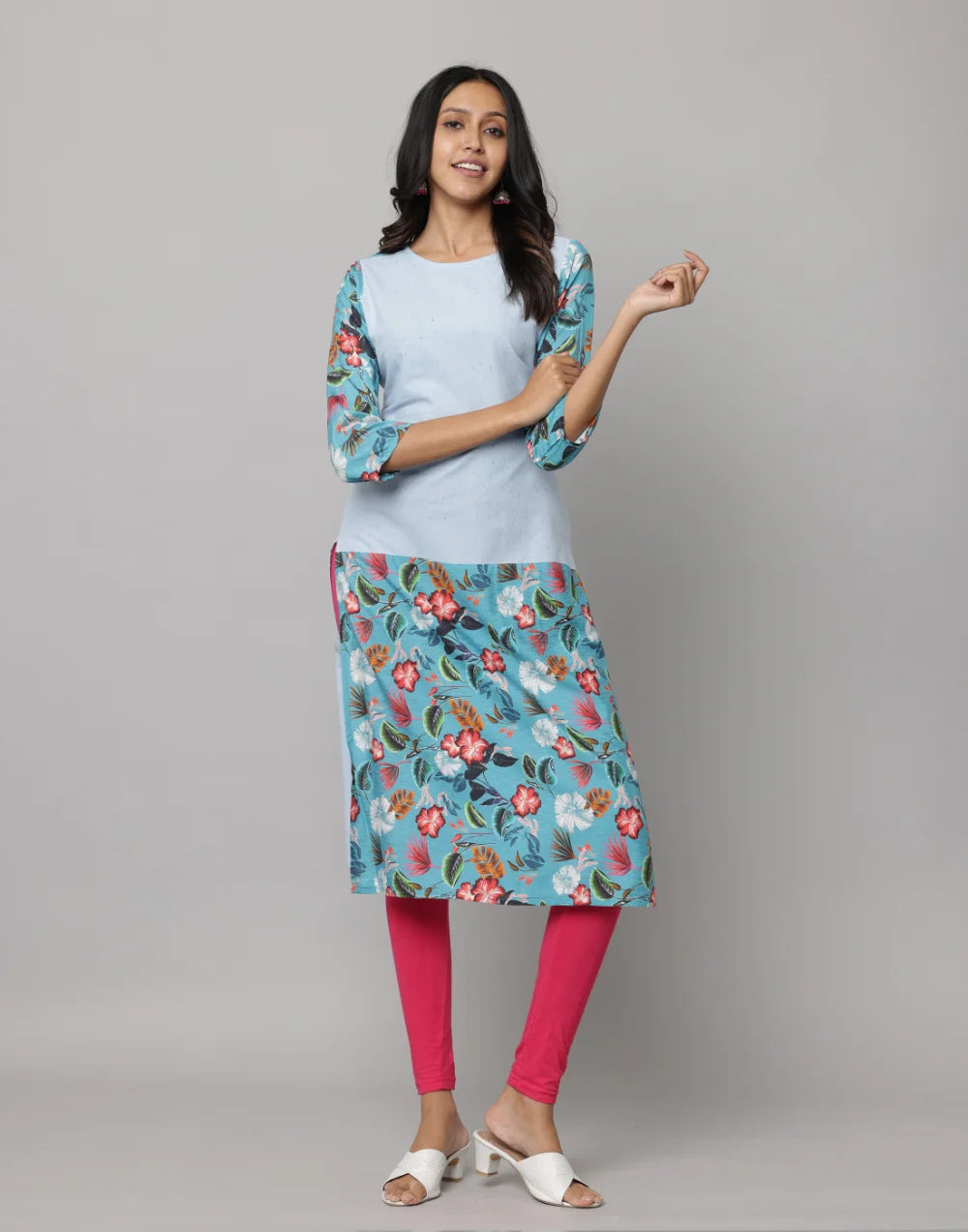 Floral & Solid Mix & Match Round Neck 3/4th Sleeve Kurta