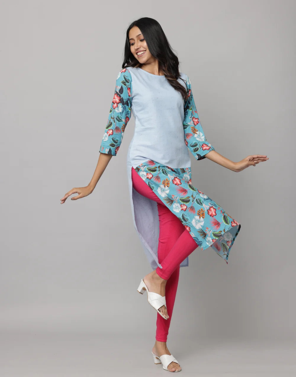 Floral & Solid Mix & Match Round Neck 3/4th Sleeve Kurta