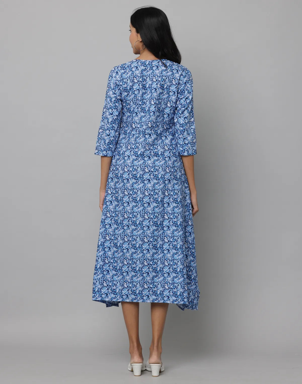 Floral Print Round Neck Elbow Length Sleeve Dress