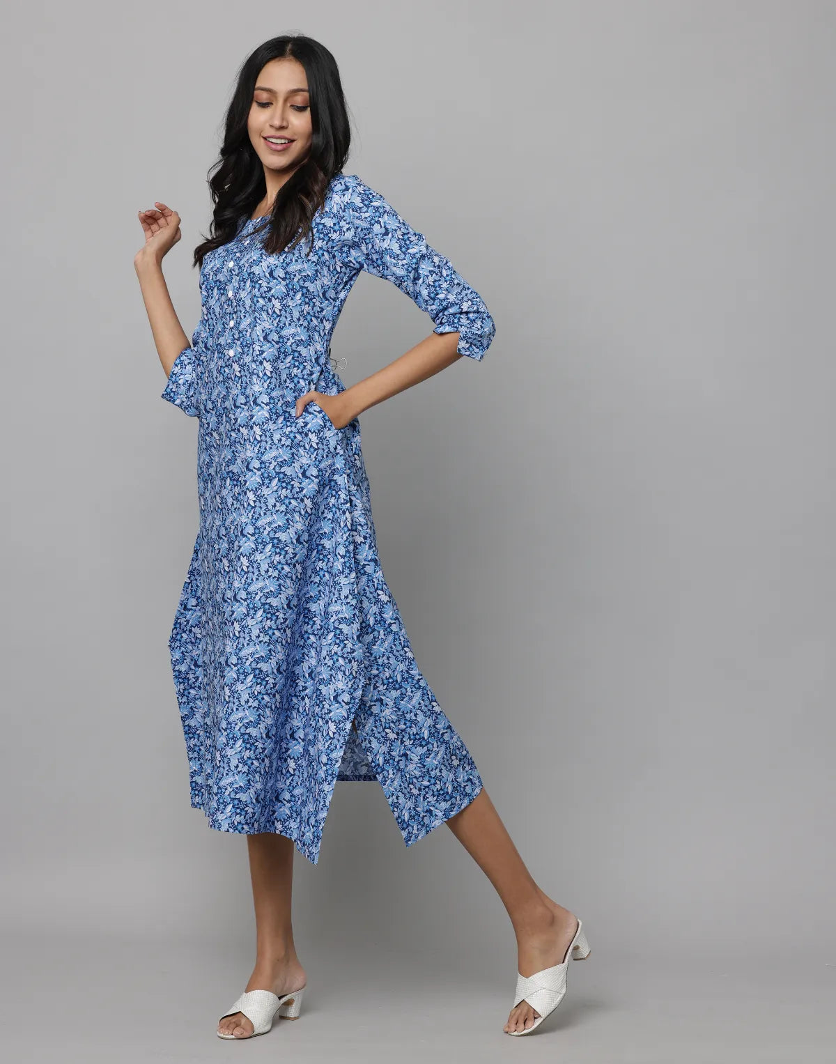 Floral Print Round Neck Elbow Length Sleeve Dress