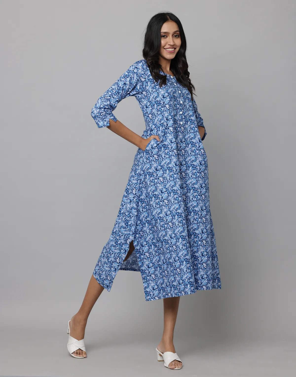 Floral Print Round Neck Elbow Length Sleeve Dress