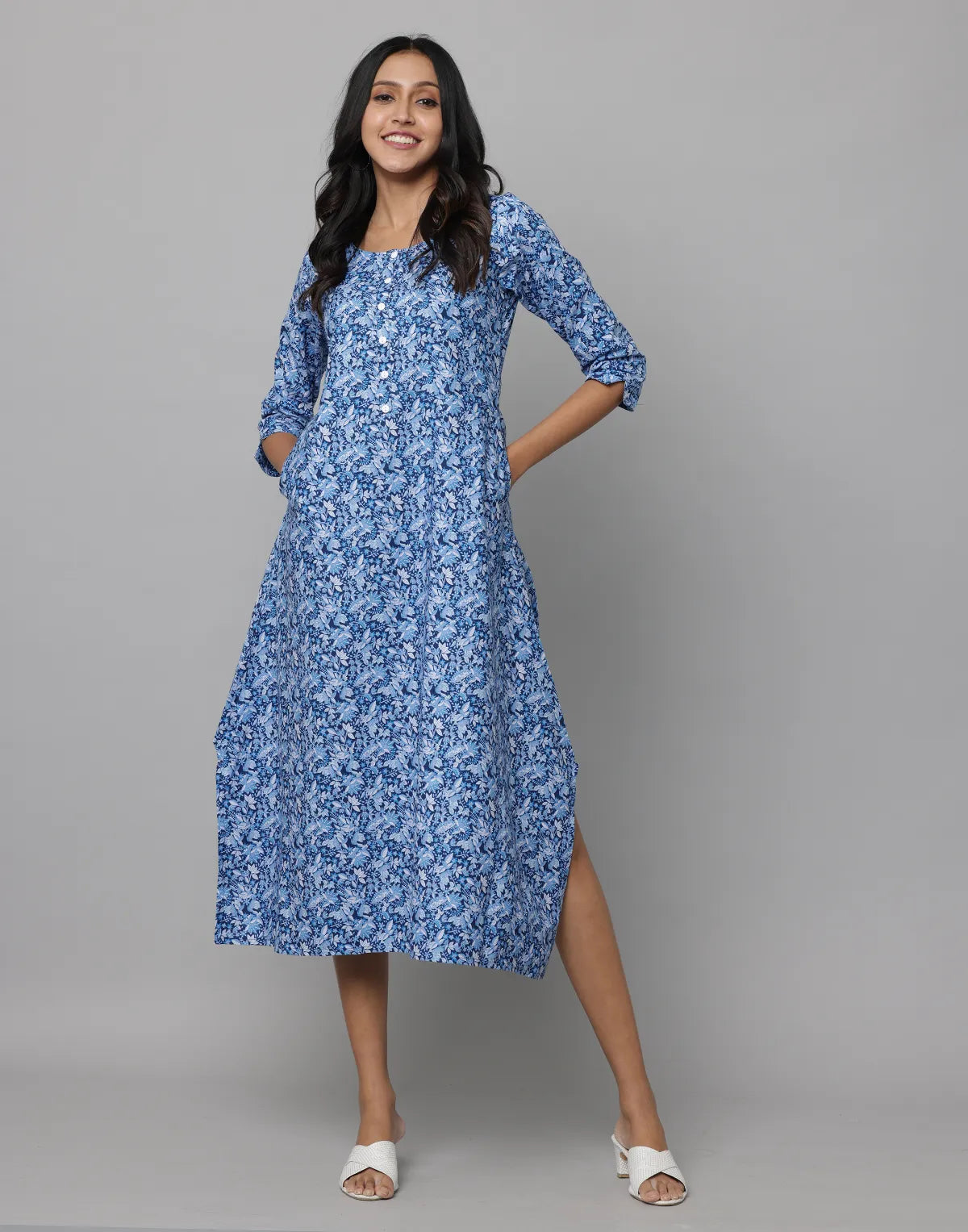 Floral Print Round Neck Elbow Length Sleeve Dress