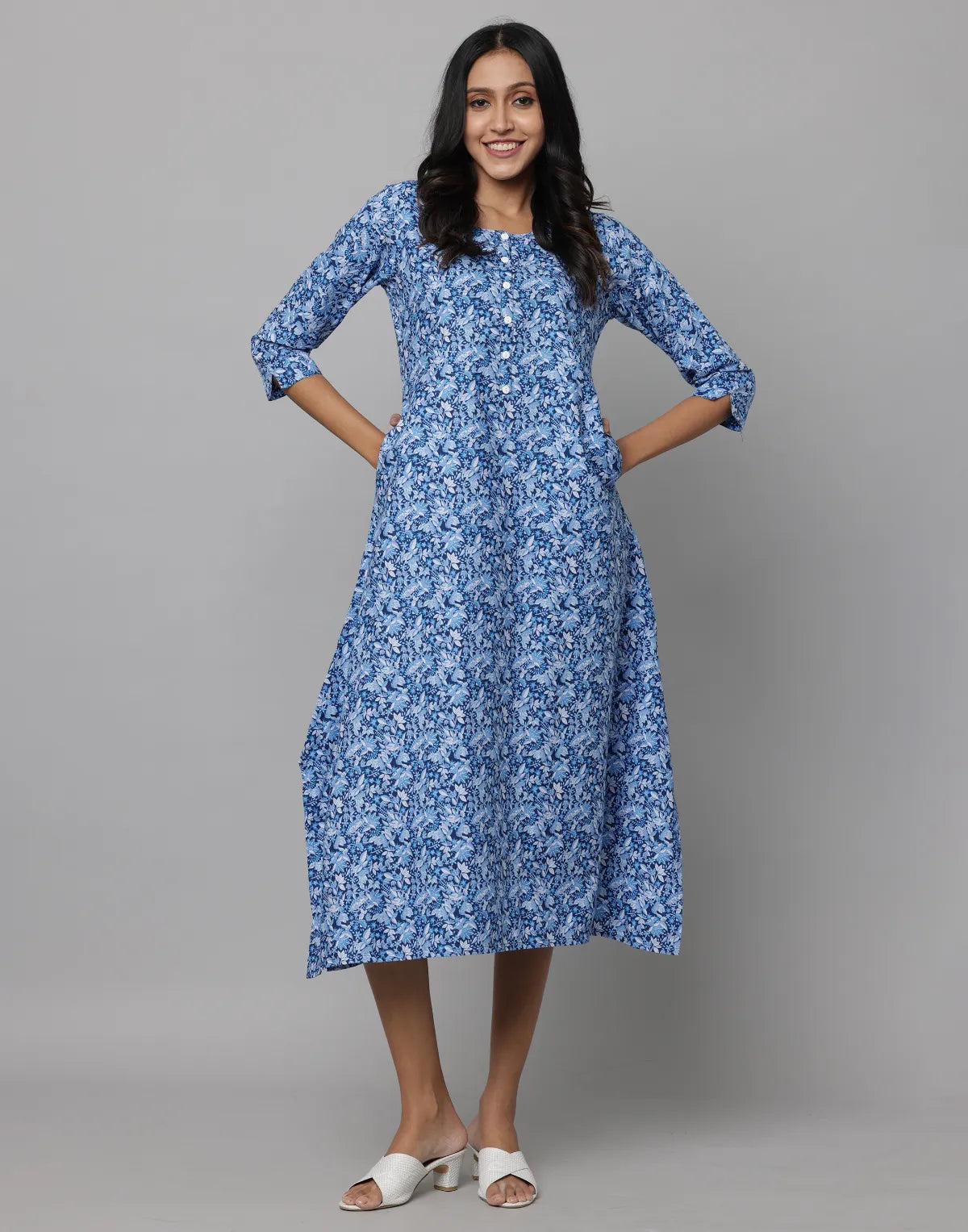 Floral Print Round Neck Elbow Length Sleeve Dress