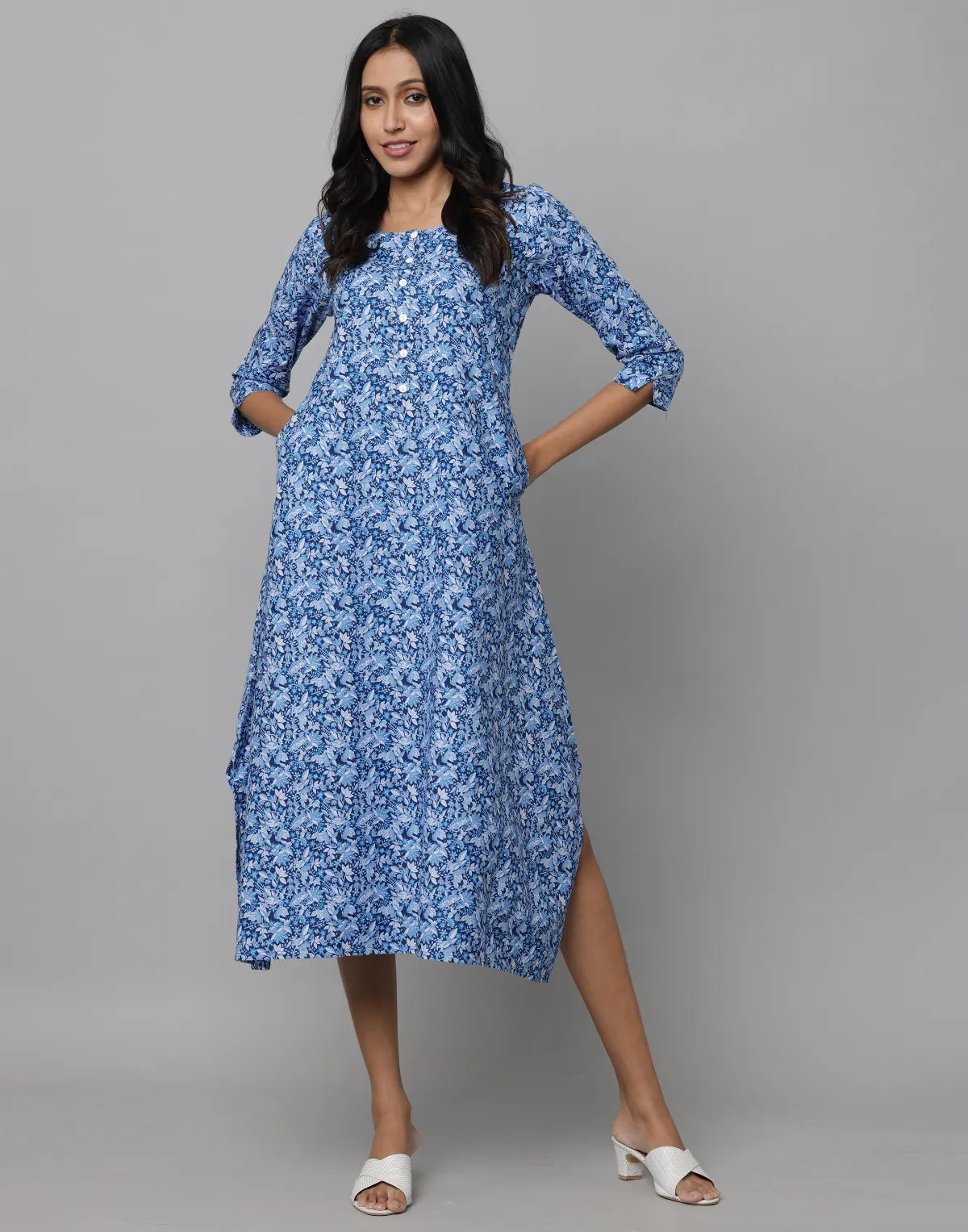 Floral Print Round Neck Elbow Length Sleeve Dress