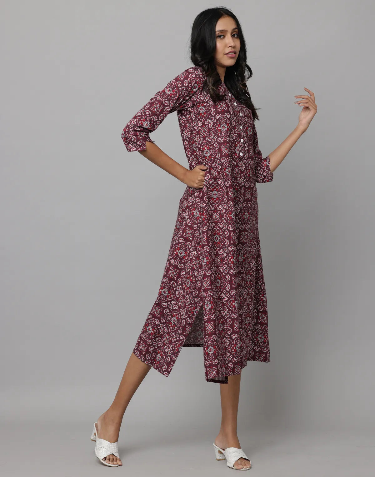 Floral Print Round Neck Elbow Length Sleeve Dress