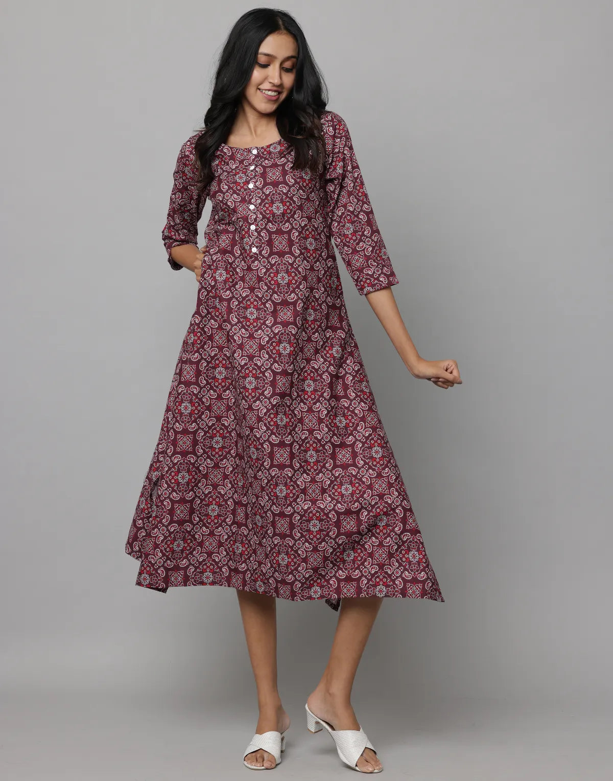 Floral Print Round Neck Elbow Length Sleeve Dress