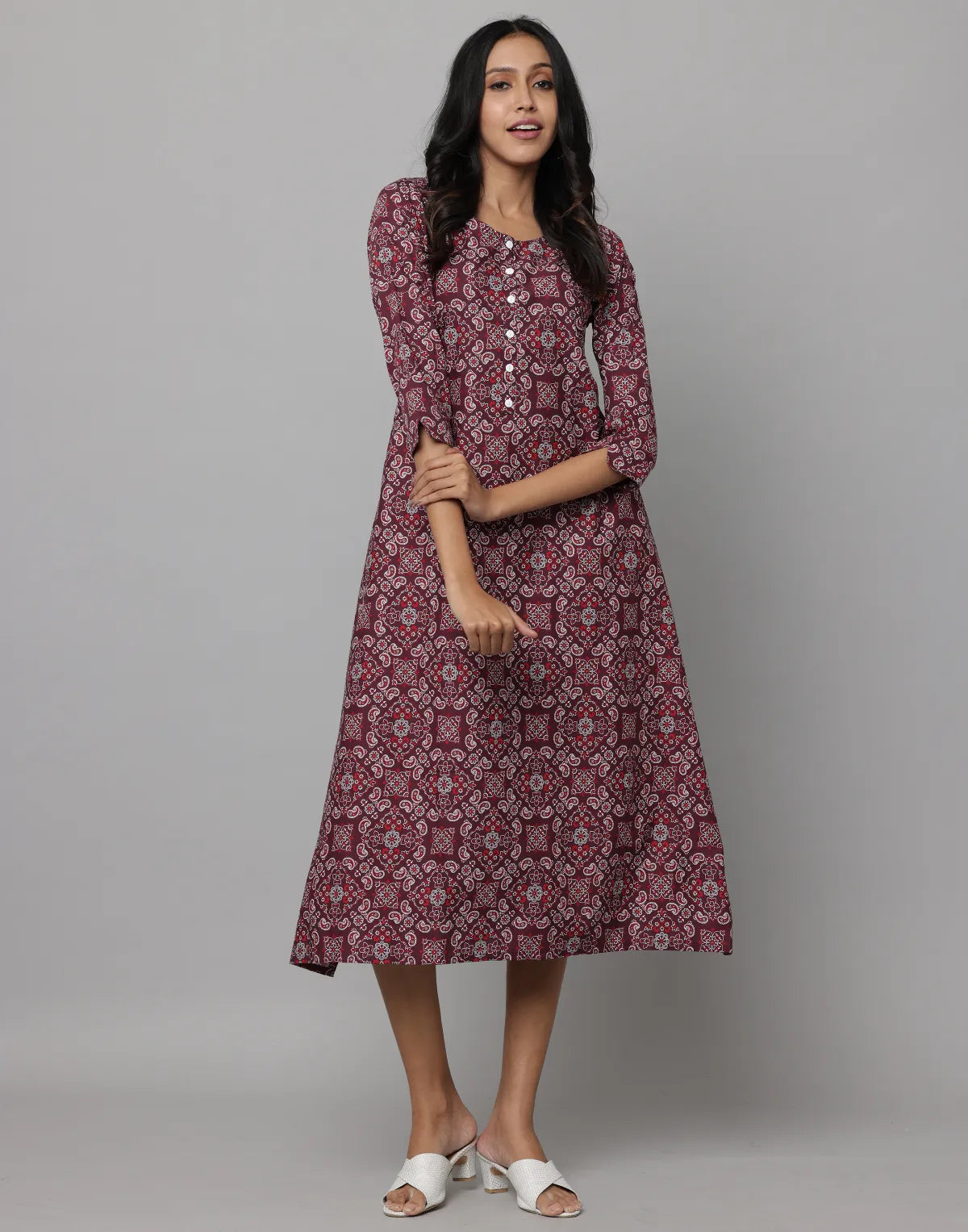 Floral Print Round Neck Elbow Length Sleeve Dress