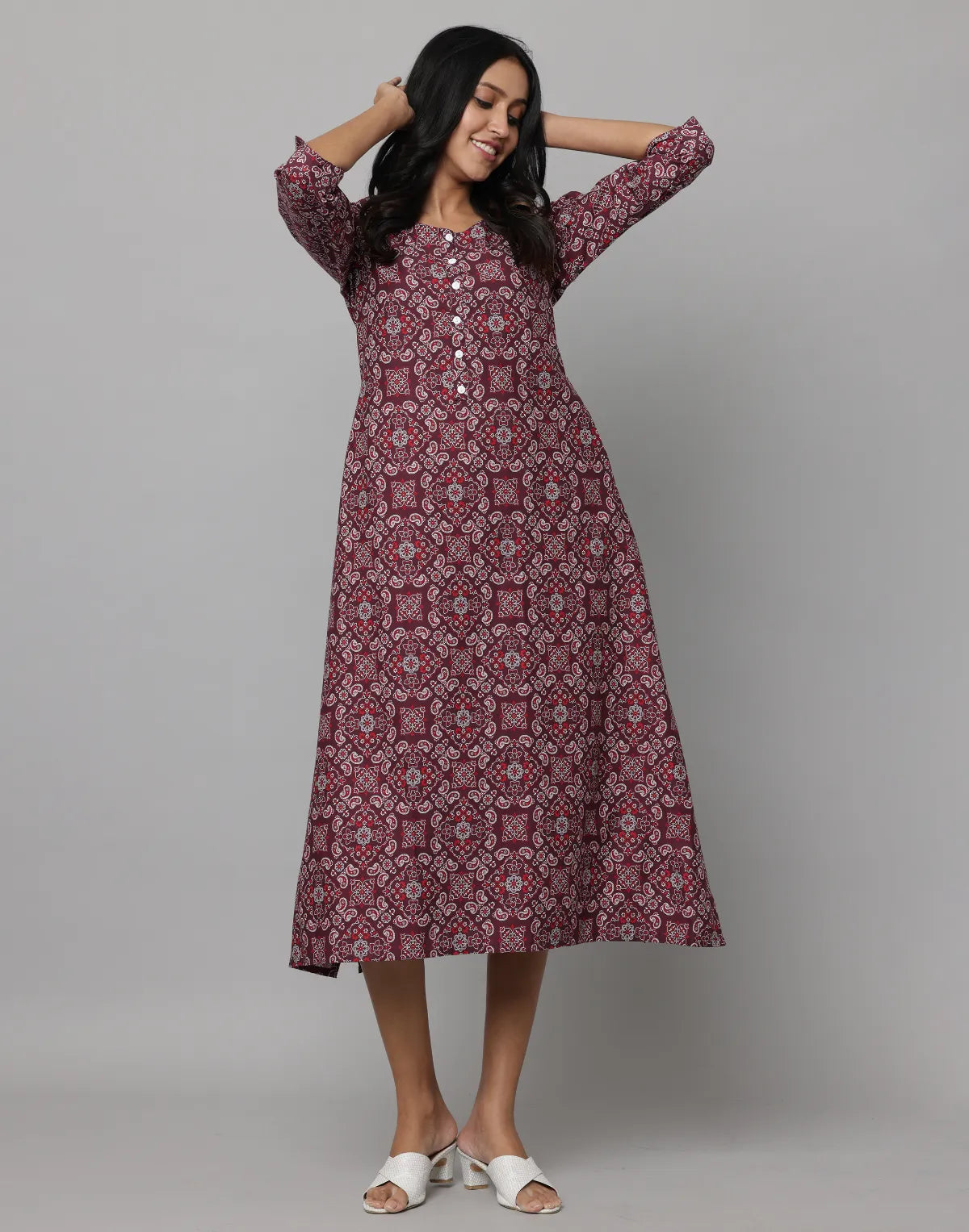 Floral Print Round Neck Elbow Length Sleeve Dress